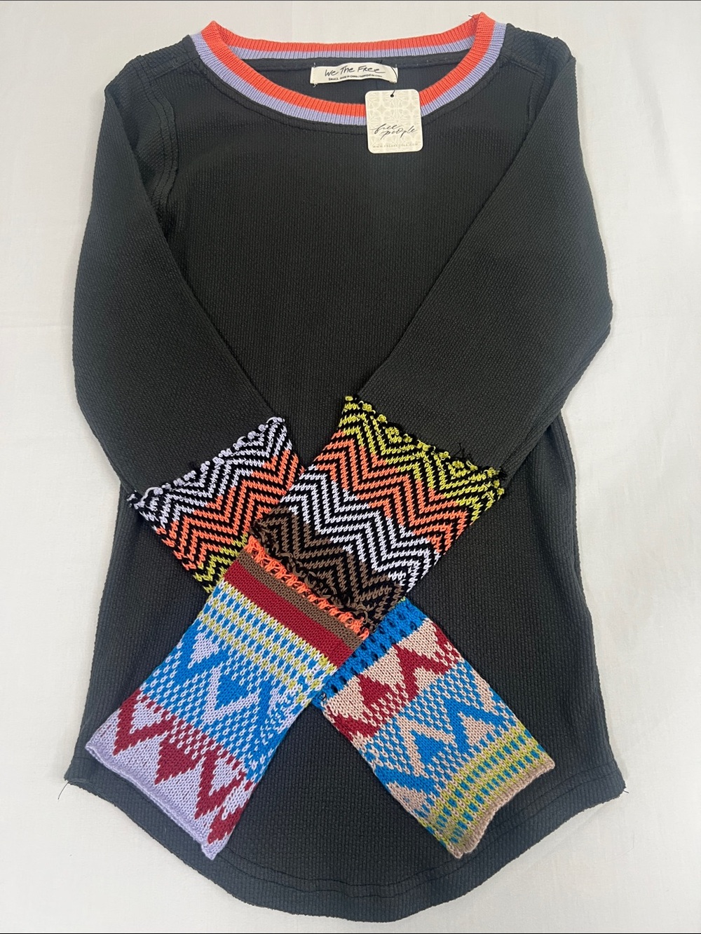 Free People Black/noir Crewneck Sweater with Multicolor Patterned Cuffs
